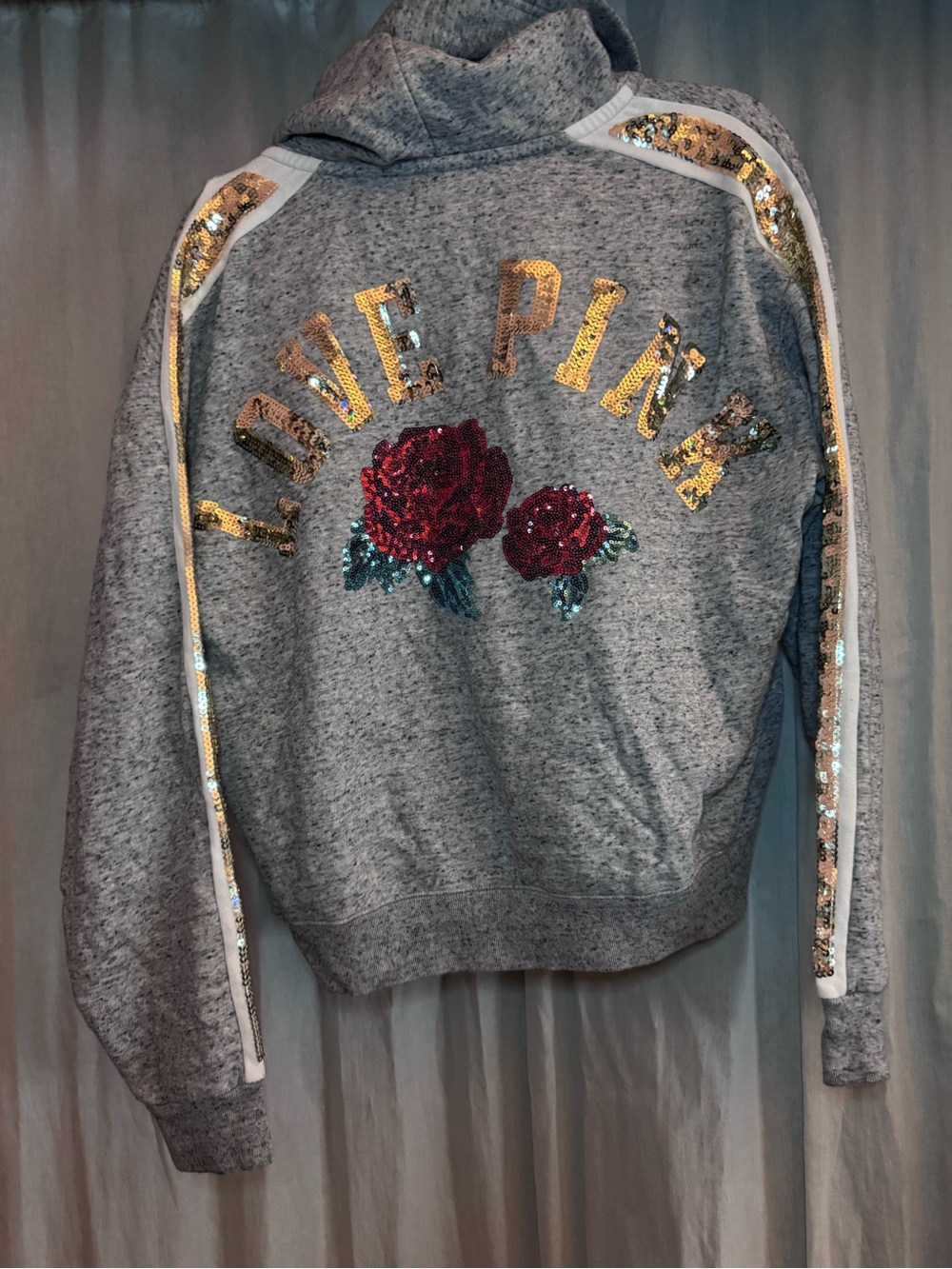 PINK Victoria's Secret Gray Lace-Up Hoodie with Gold Sequin Stripe - Picture 4 of 5